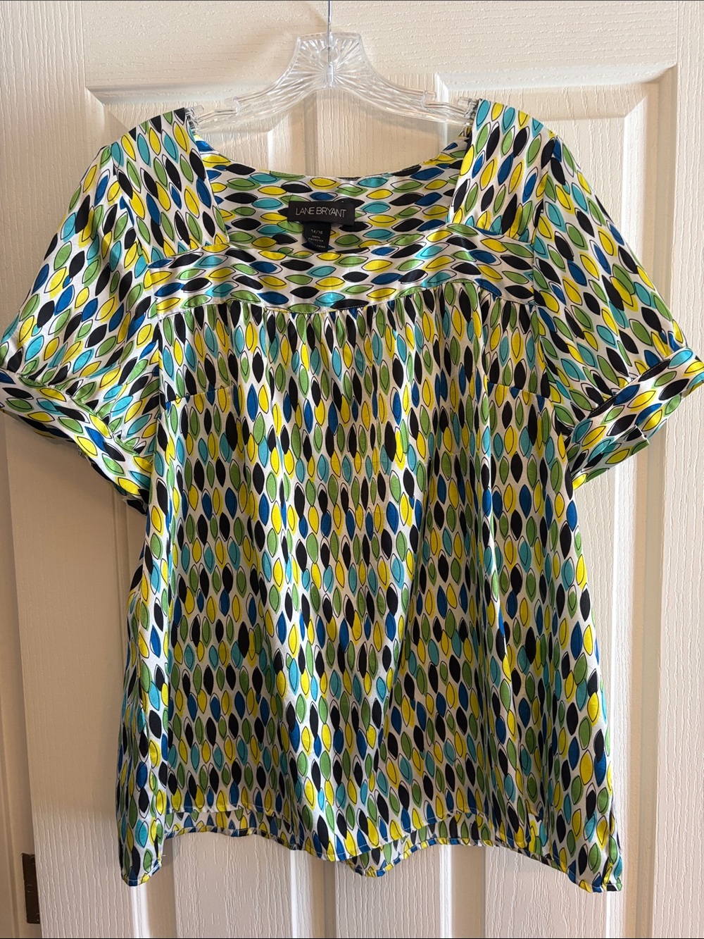 Lane Bryant Blue Green Patterned Short-Sleeve Blouse